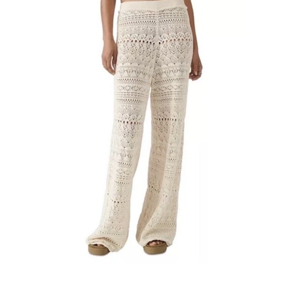 Good Luck Gem Cream Crochet Knit Lined Wide Leg Festival Pants  M Boho